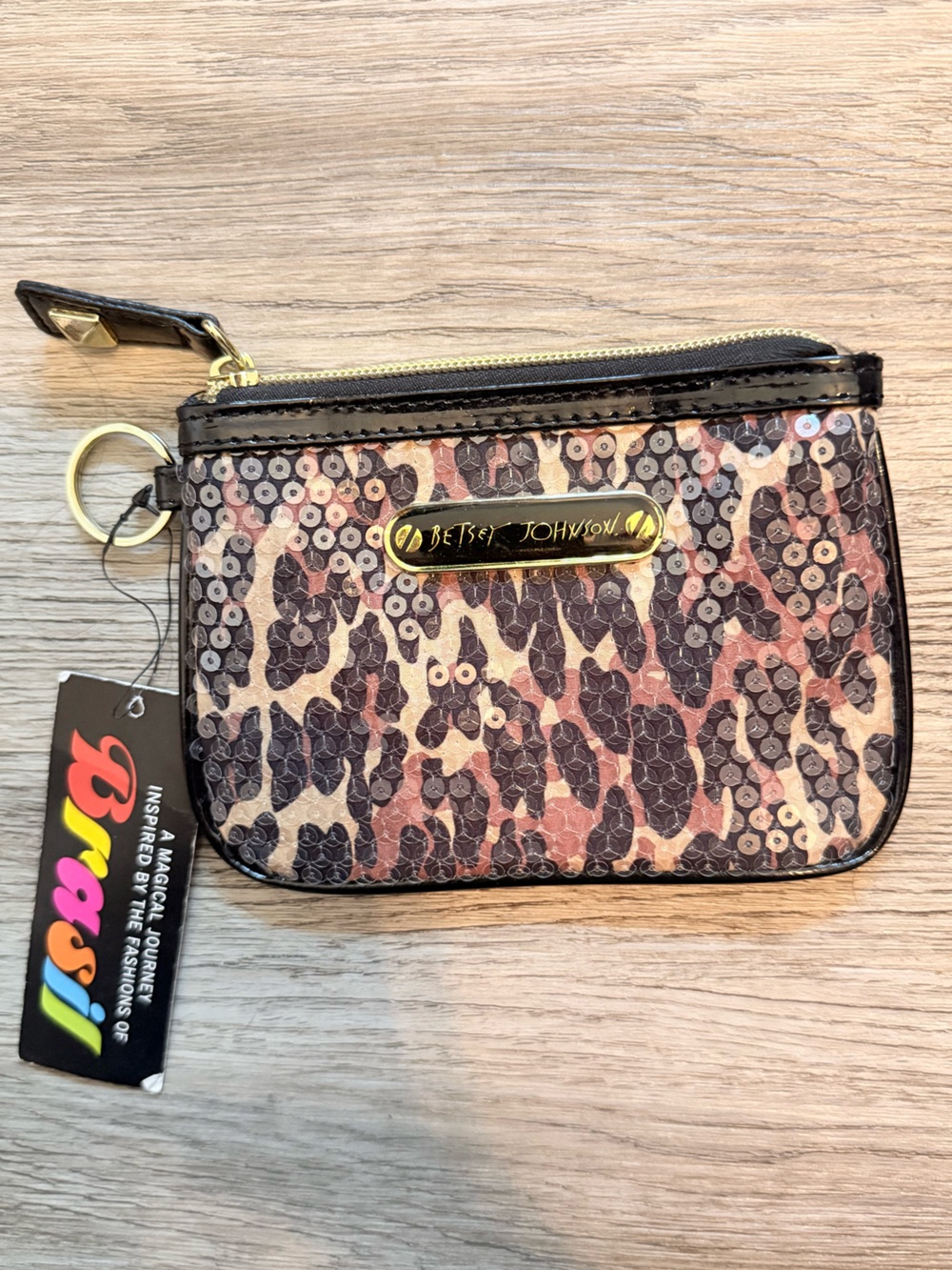 Betsey Johnson Sequin Leopard Print Zip Wallet in Brown, Black & Gold